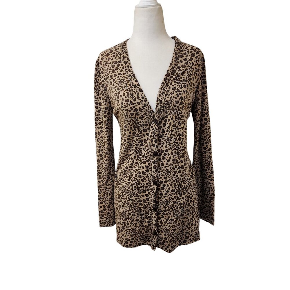 Rhapsody Long Animal Print Cardigan Sweater with Pockets Women's Medium?